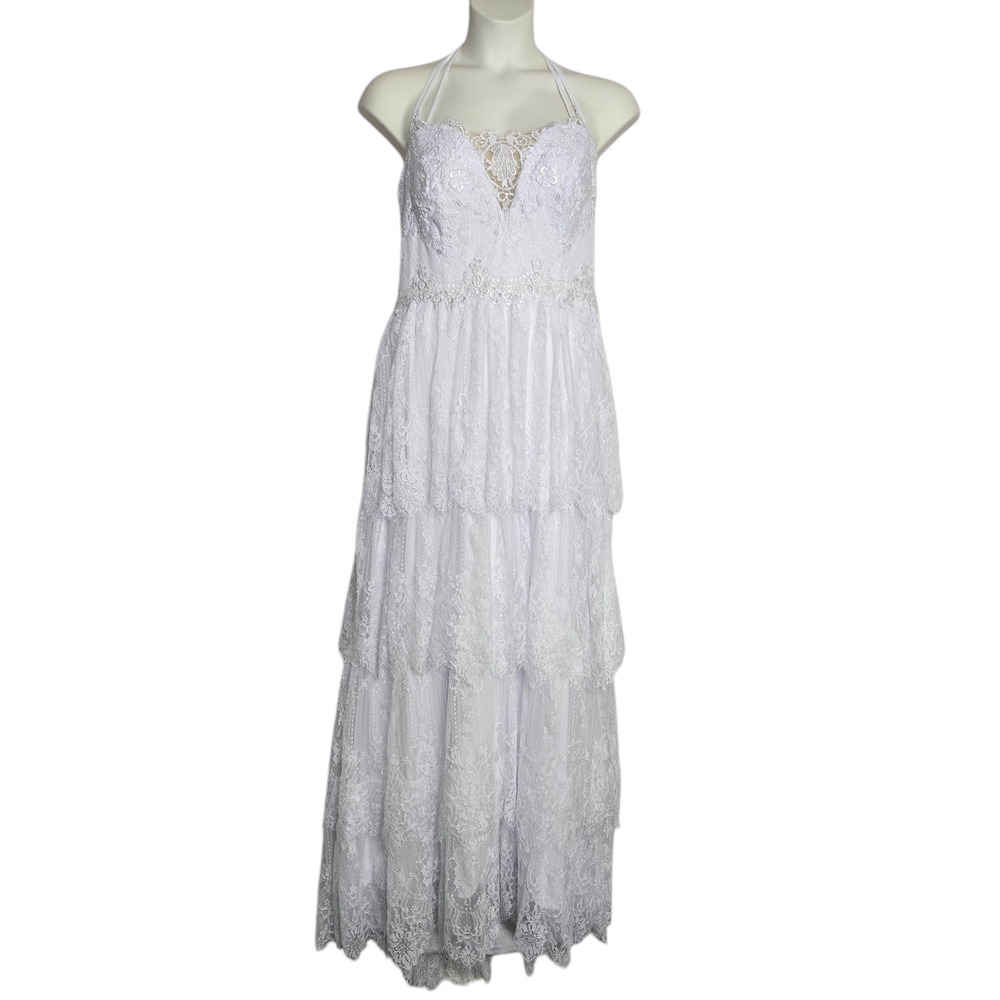 White Lace Tiered Dress Size XL Strappy Wedding Beach Romantic